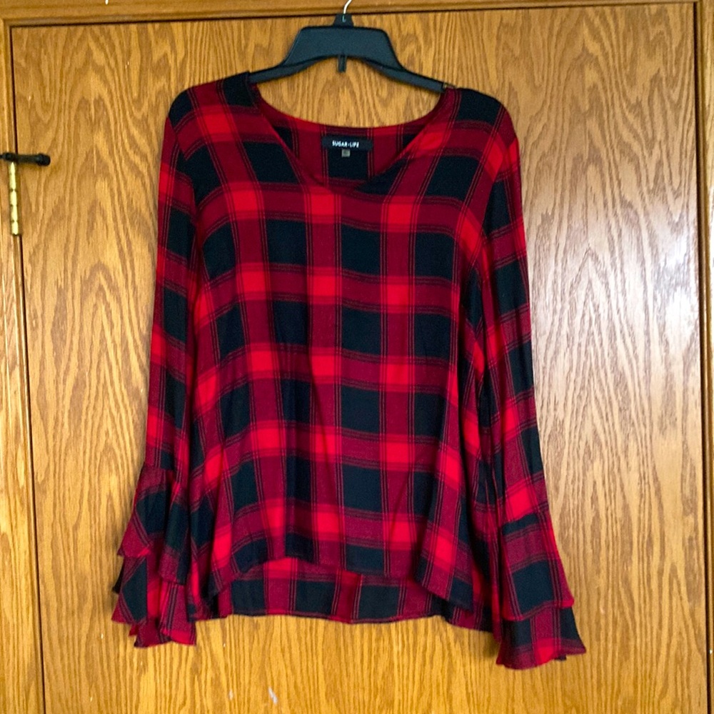 Black and Red blouse with long layered bell sleeves